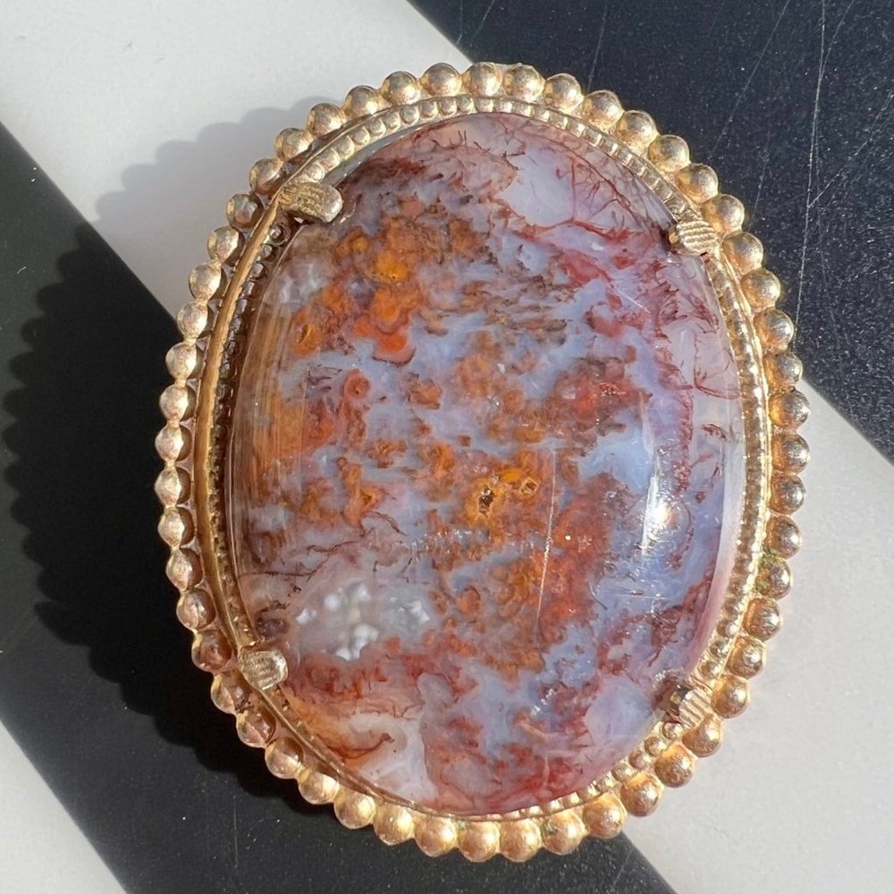Natural Colorful Moss Agate Stone Gold Tone Open Back Estate Pin Brooch